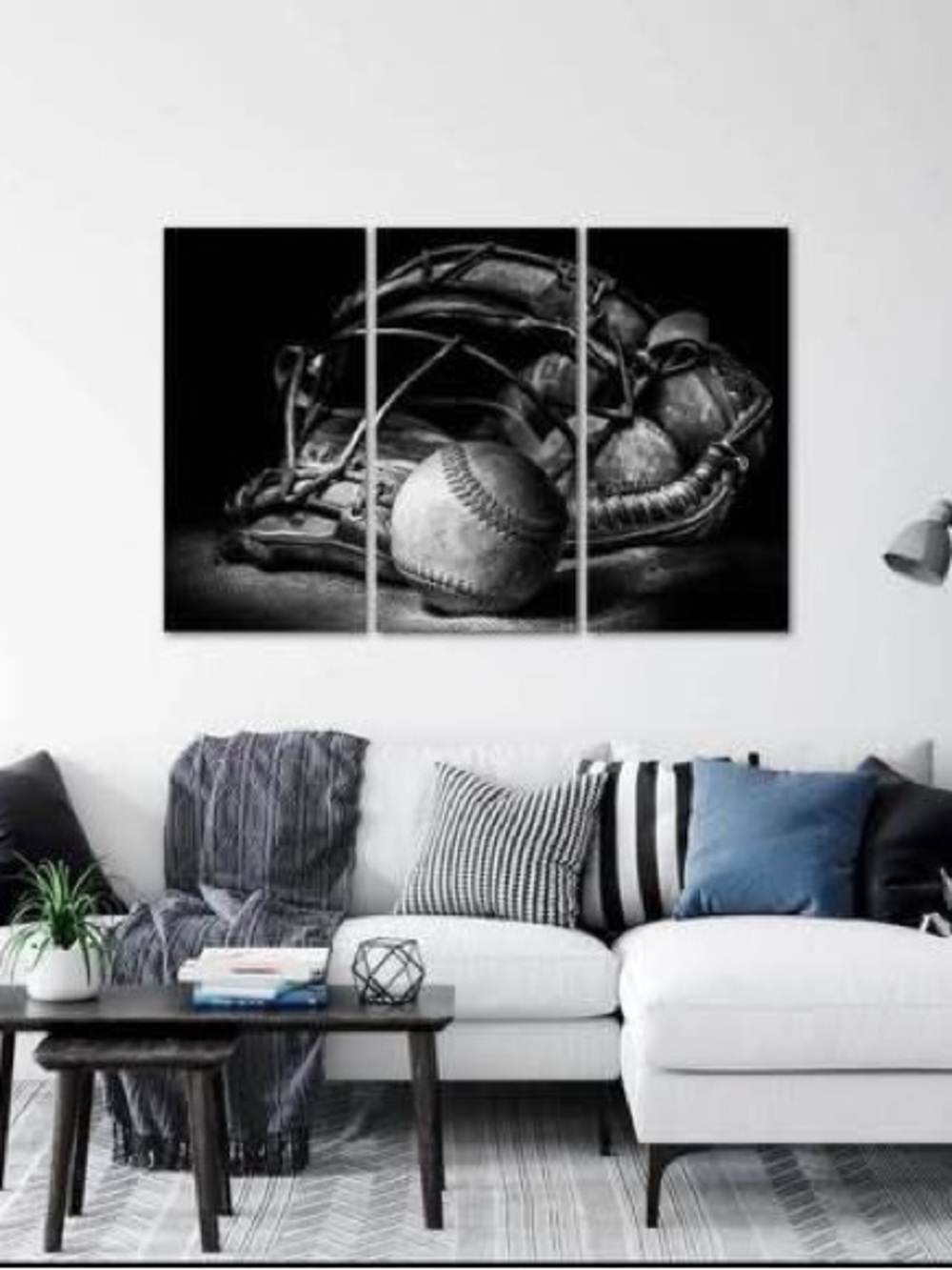 Large 3 panel Black and white Baseball Softball Catcher Art / Wall Art Home